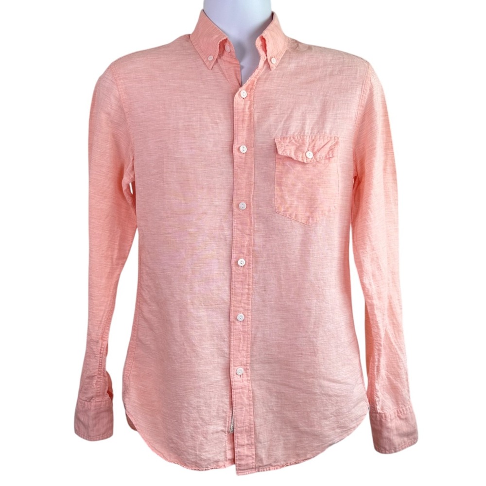 J Crew Mens Baird McNutt Irish Linen Blend Button Down Shirt Sz S Coral Slim Fit